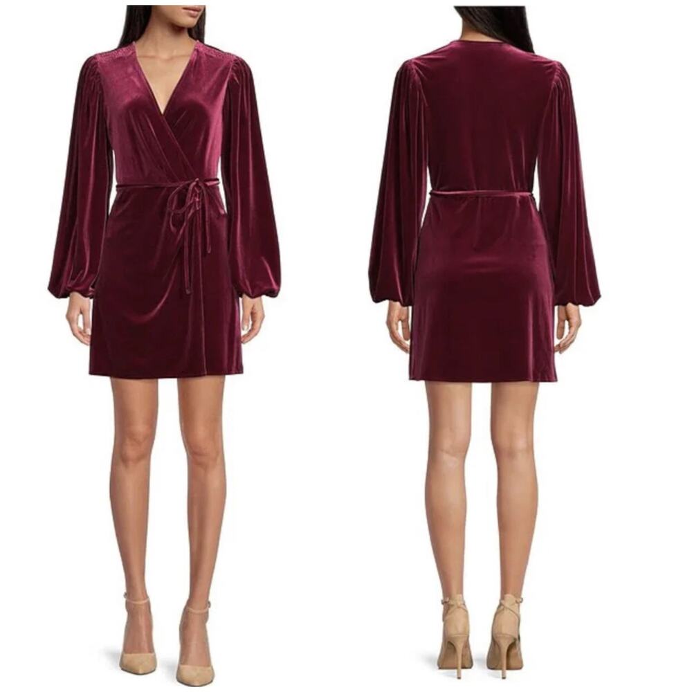 Gianni Bini Leighton Velvet Wrap Dress Large Burgundy Purple Merlot Long Sleeve